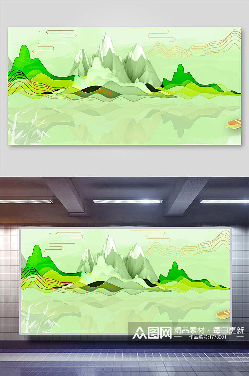 线条图形绿色山中式中国风背景展板素材