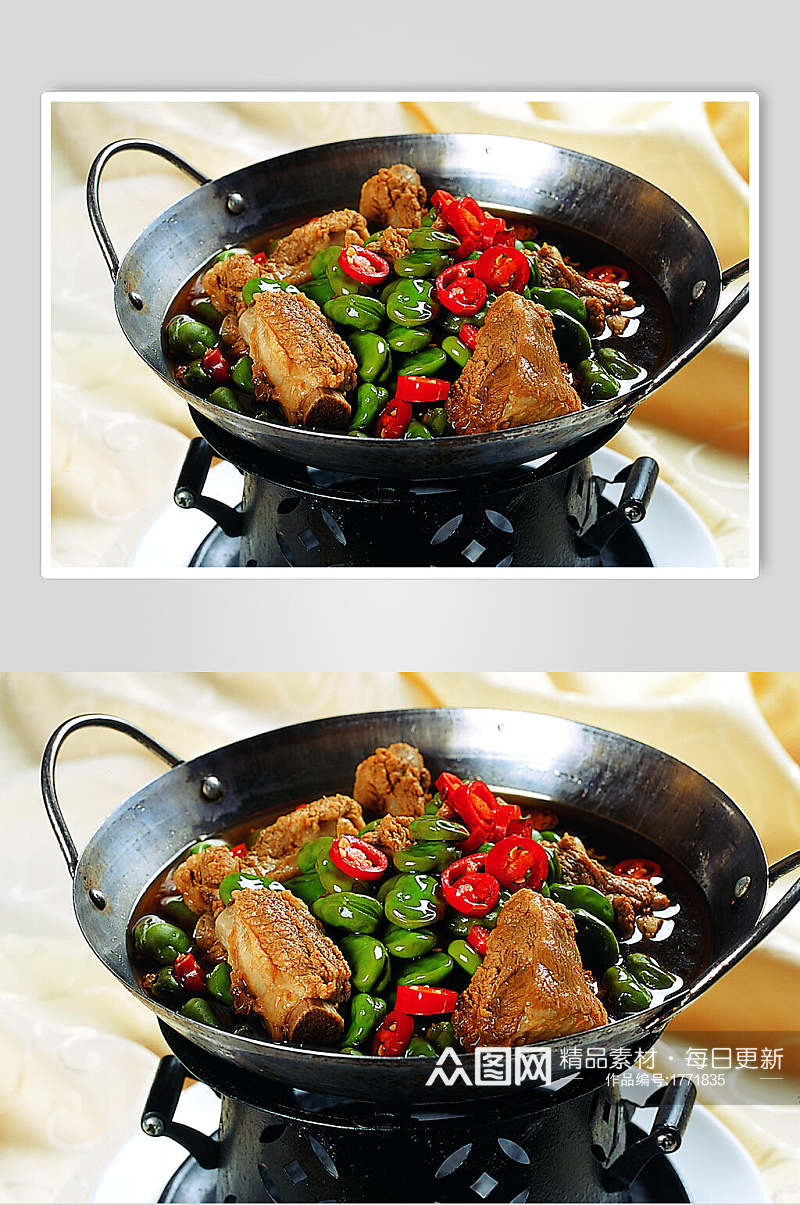 干锅鲜蚕豆烧排骨美食高清图片素材