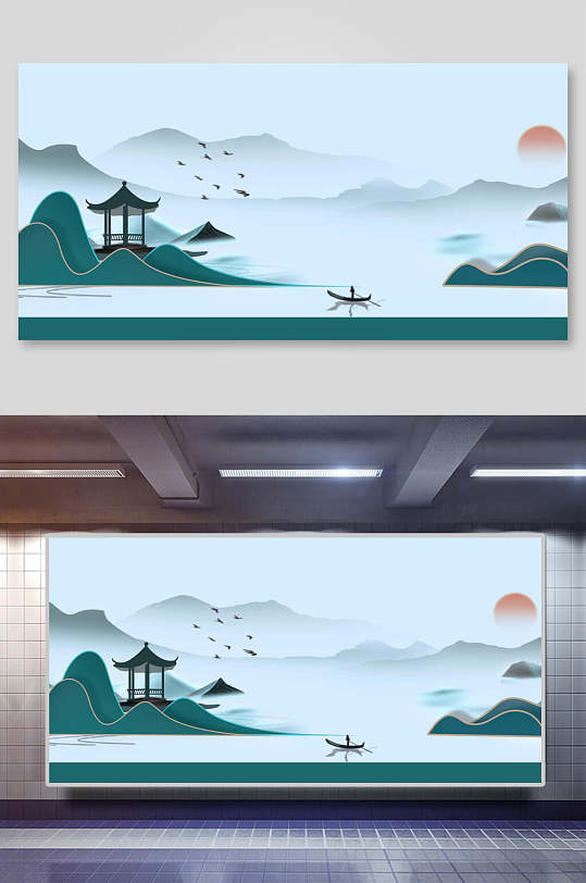 亭子山水舟中式中国风背景展板