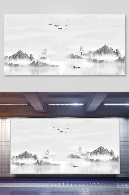 水墨山水鸟舟中式中国风背景展板-众图网