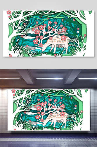 绿色驯鹿剪纸海报设计海报