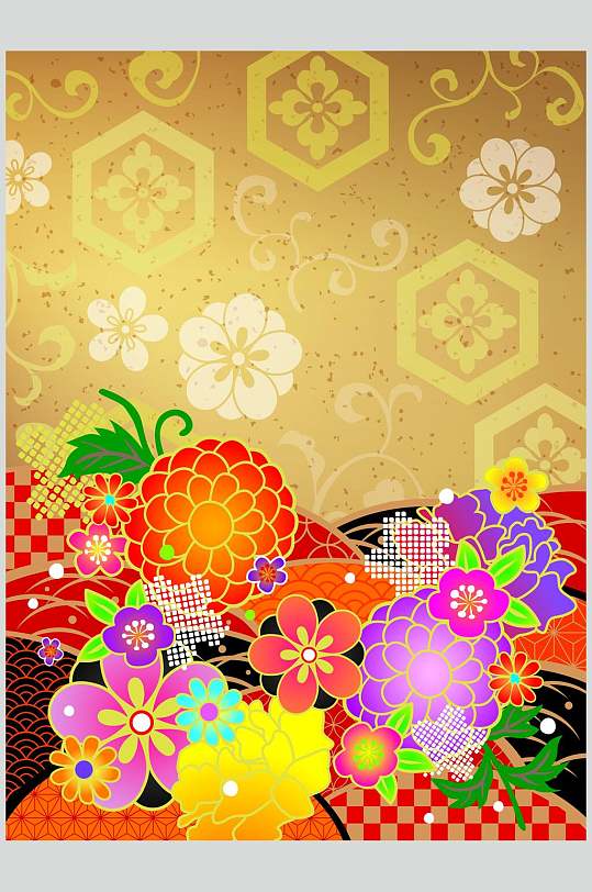 彩色小花日式和风背景元素素材