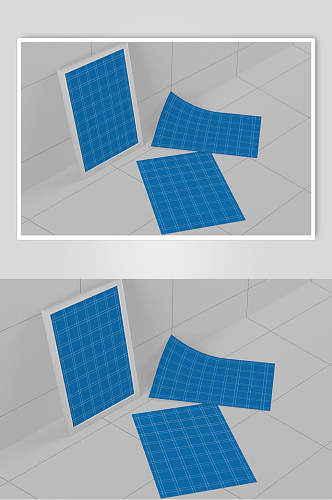 瓷砖蓝色相框折页样机效果图设计