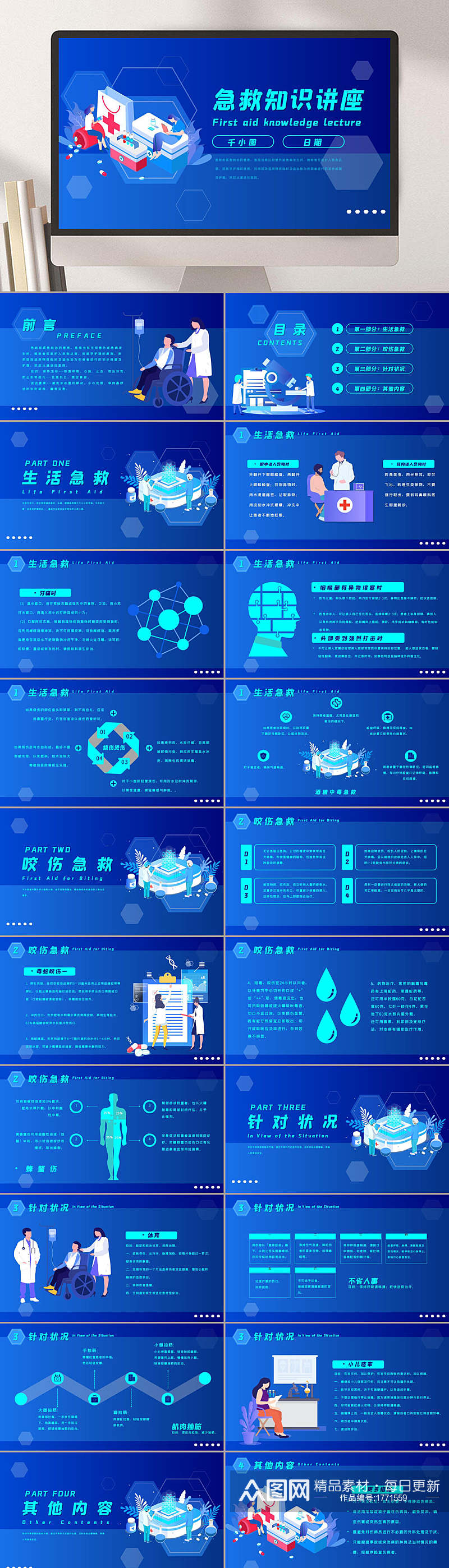 深蓝色急救知识讲座医疗知识PPT模板素材
