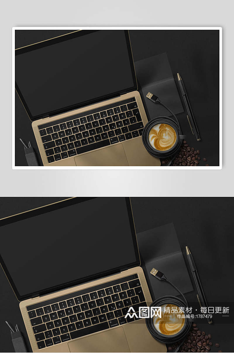 黑金笔记本电脑咖啡VI样机效果图素材