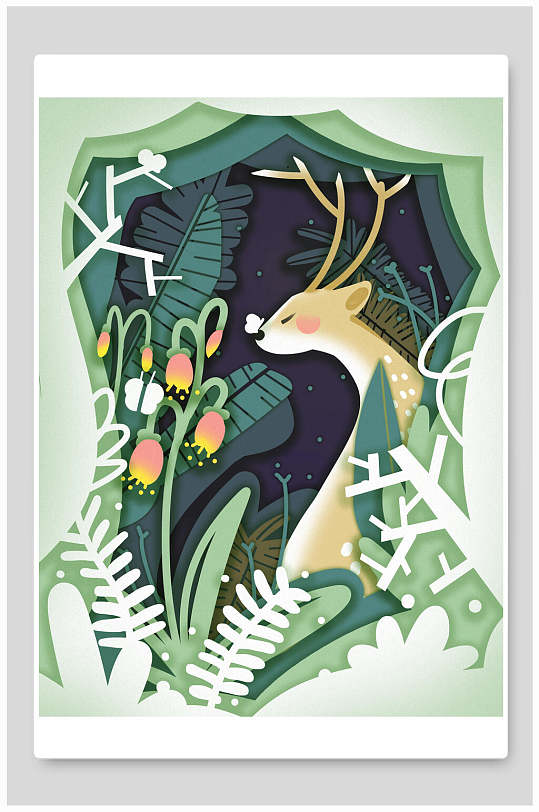 小清新鹿剪纸海报设计