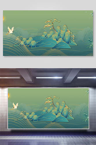 绿色线条山鹤中式中国风背景展板