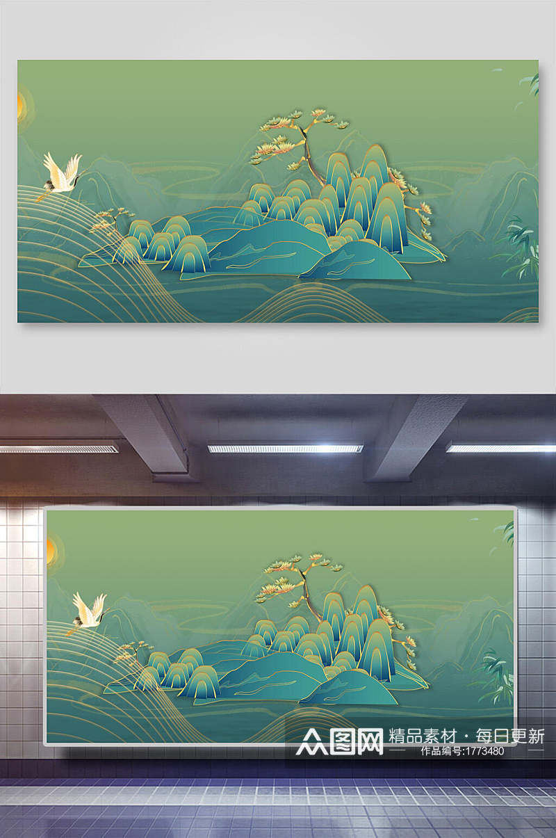 绿色线条山鹤中式中国风背景展板素材