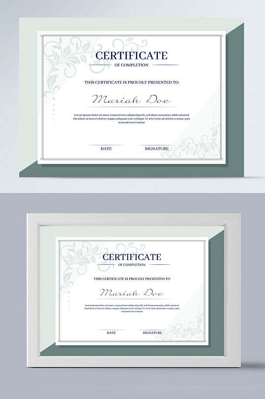 横版白色画框清新风英文结业证书-众图网