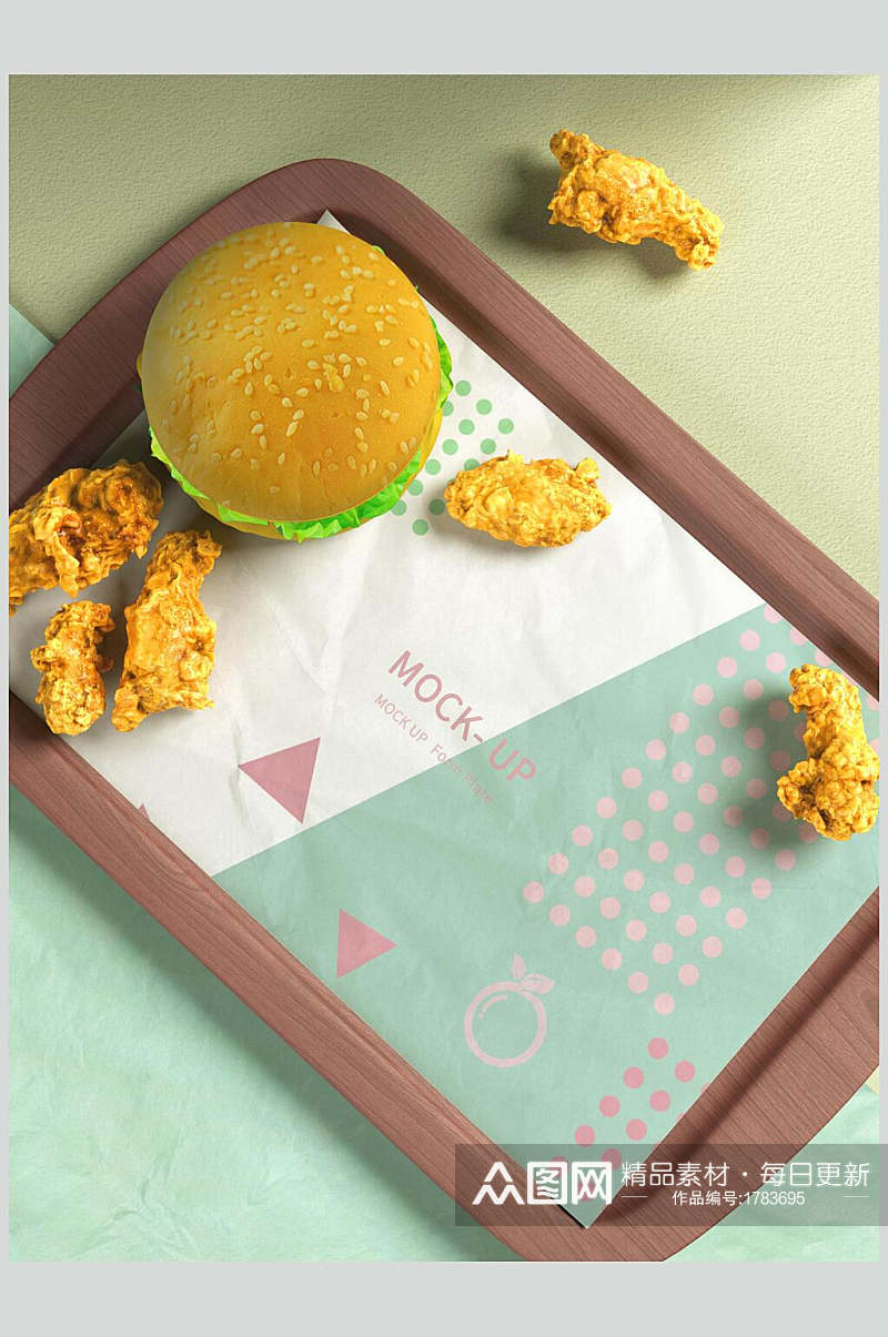 汉堡炸鸡餐厅托盘餐盘餐具样机效果图素材
