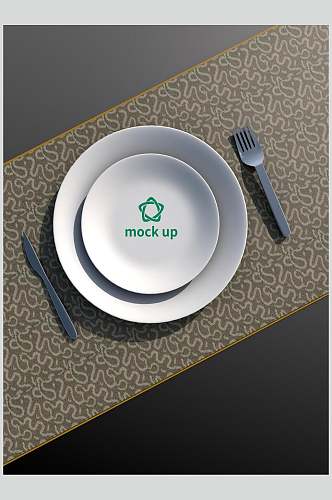 简约餐厅托盘餐盘餐具绿色LOGO展示样机效果图