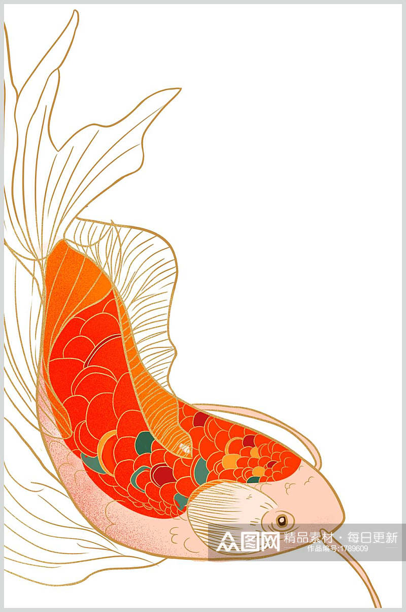 一只金色手绘锦鲤鲤鱼设计元素素材