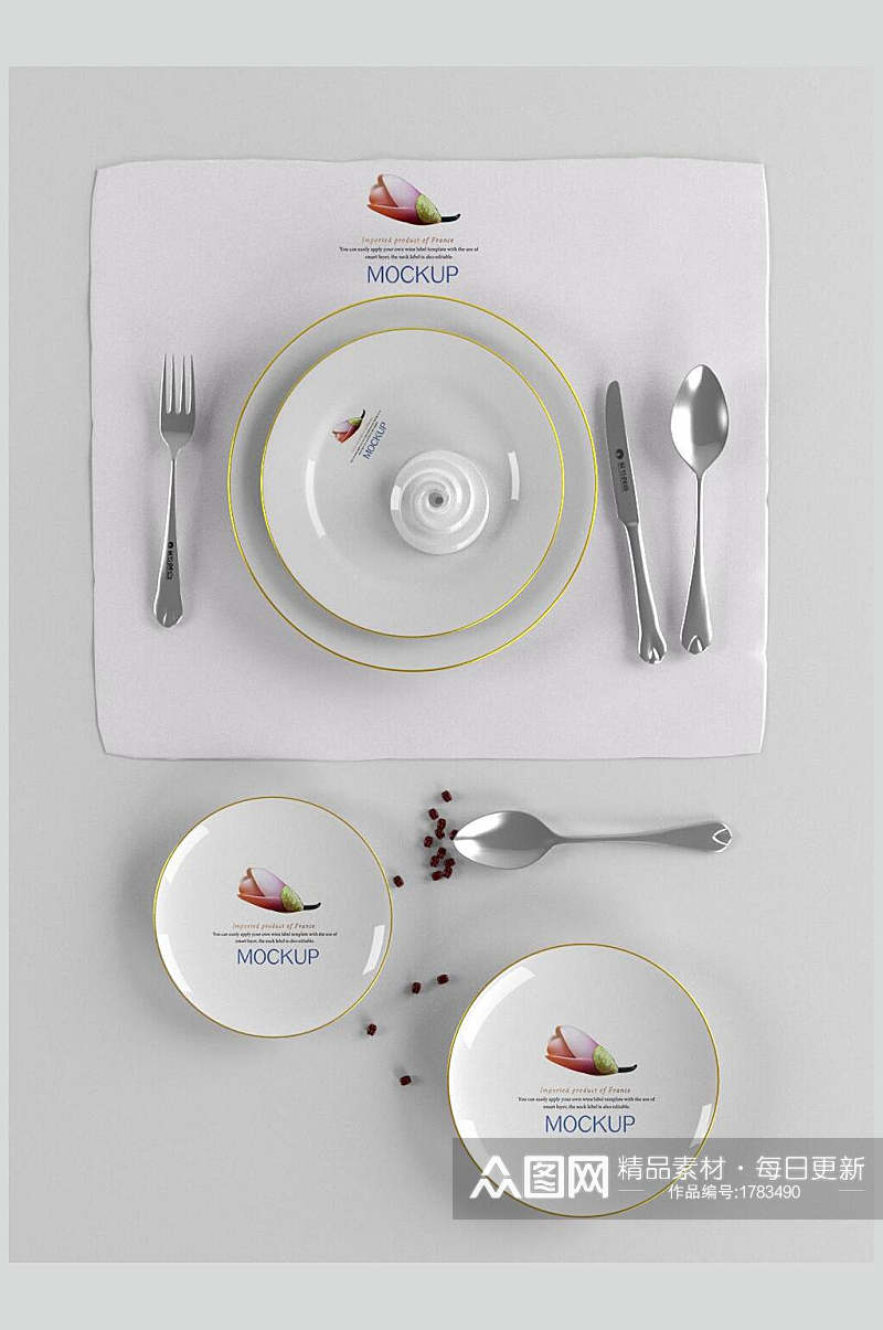 高端餐厅托盘餐盘餐具整套VI样机效果图素材