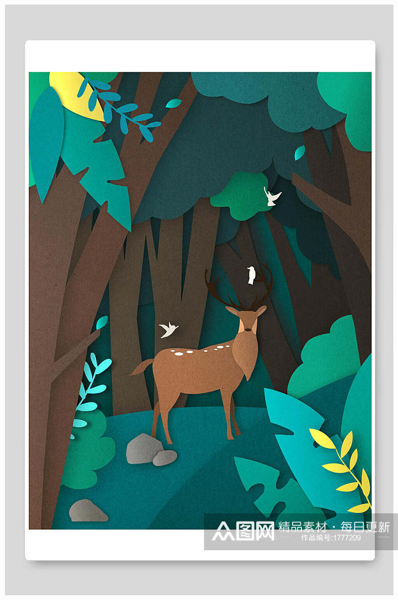 清新森系麋鹿剪纸海报设计素材