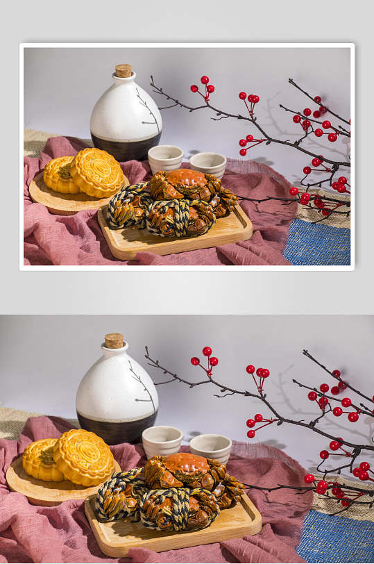 日式清酒月饼螃蟹摄影图片