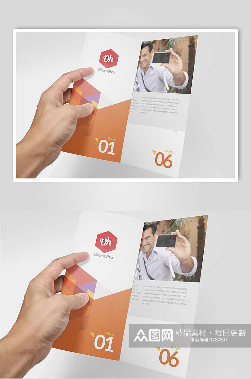 手持橘色几何企业宣传折页样机效果图素材