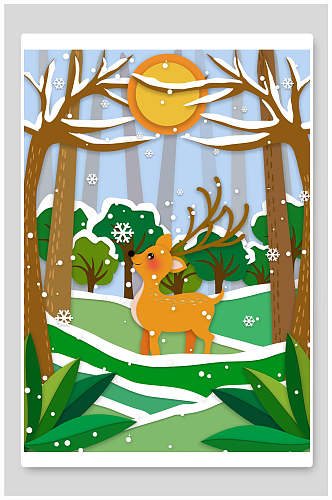冬季小鹿森林剪纸海报设计