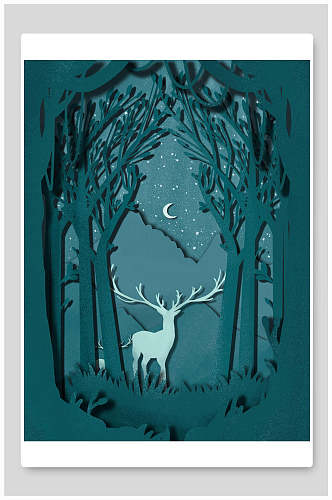 梦幻蓝绿色小鹿森林剪纸海报设计