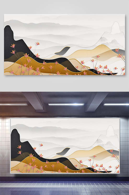 线条色块图形花山中式中国风背景展板