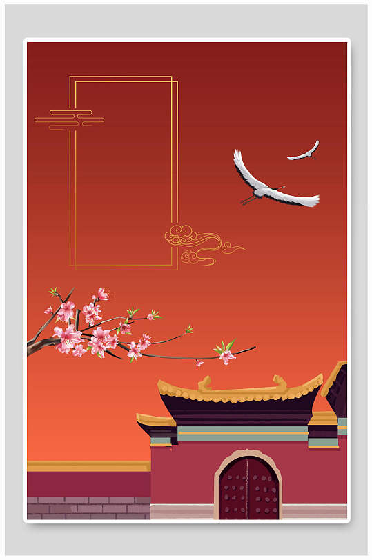 红色背景宫墙鸟梅花国潮背景