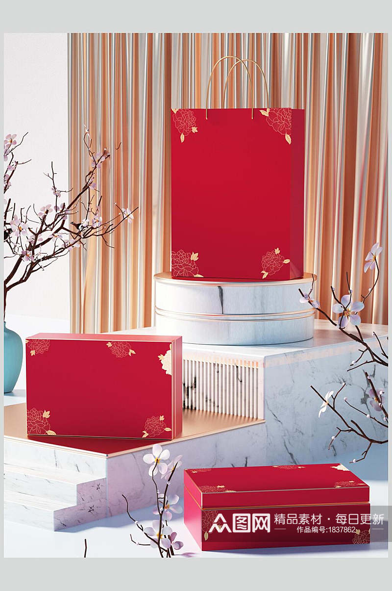 红色大气包装礼盒样机效果图素材