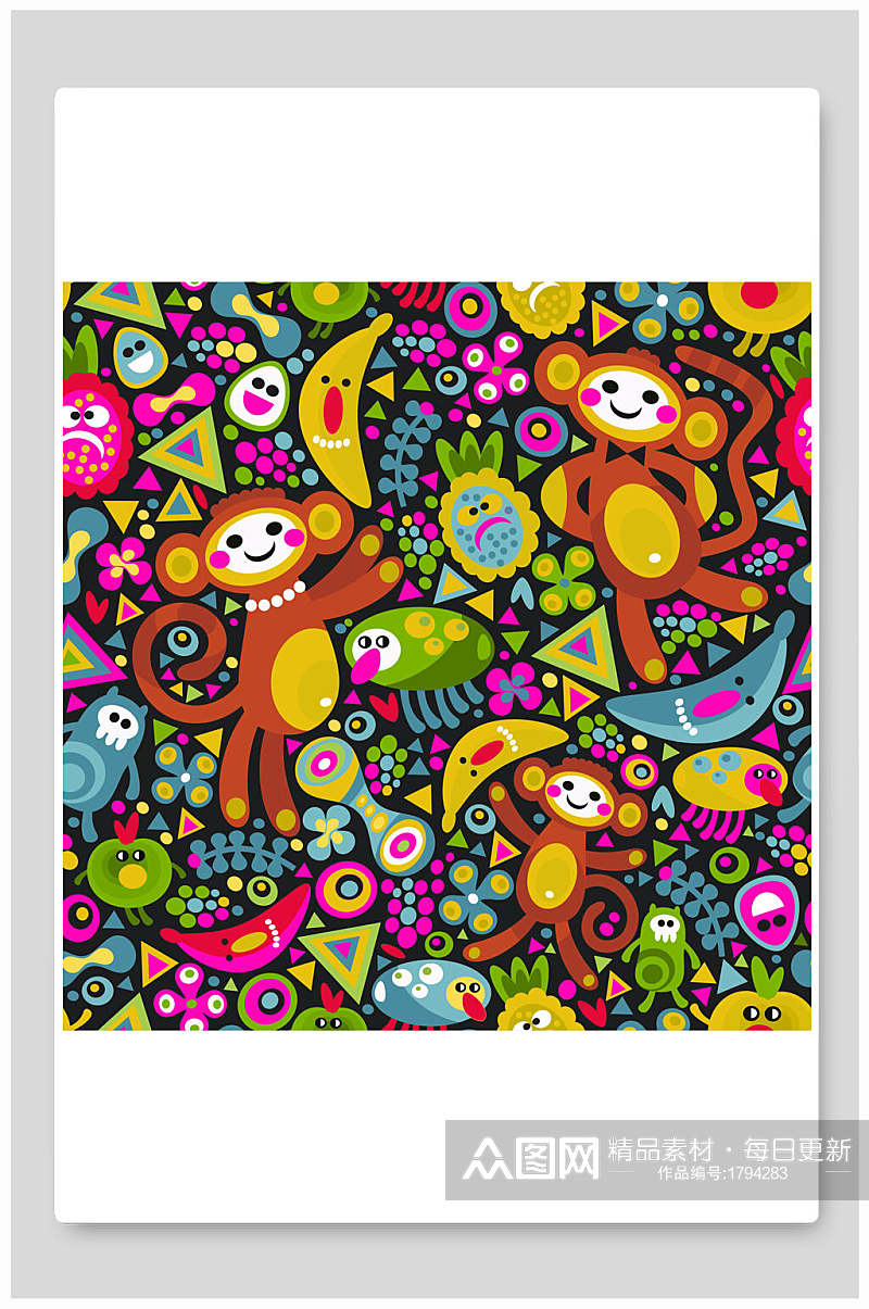 彩色猴子图形卡通动物矢量背景素材素材