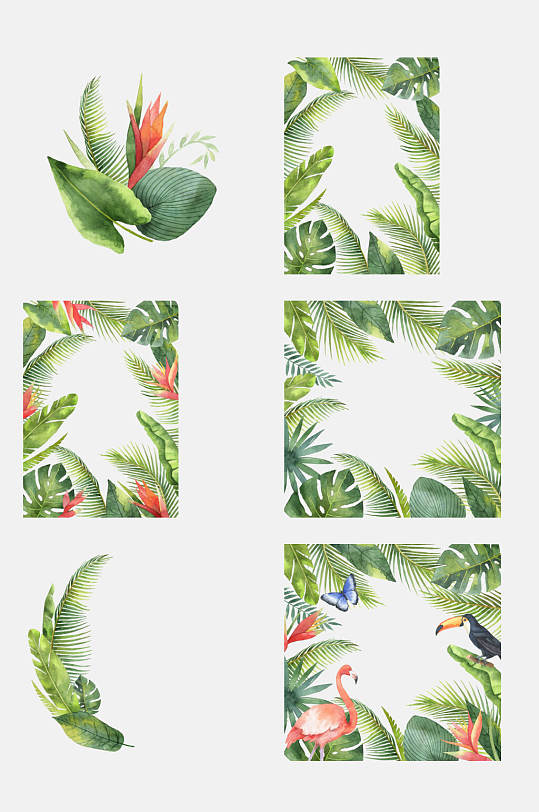 手绘画水彩热带植物火烈鸟元素素材