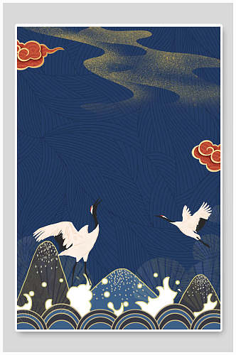 国潮蓝色仙鹤海浪背景设计素材