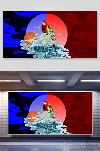 鸟红蓝色海浪国潮背景设计展板