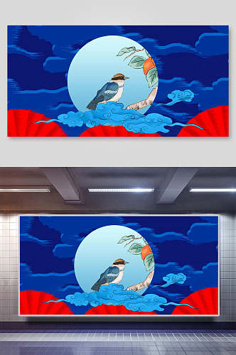 月亮鸟蓝色背景扇子国潮背景设计展板