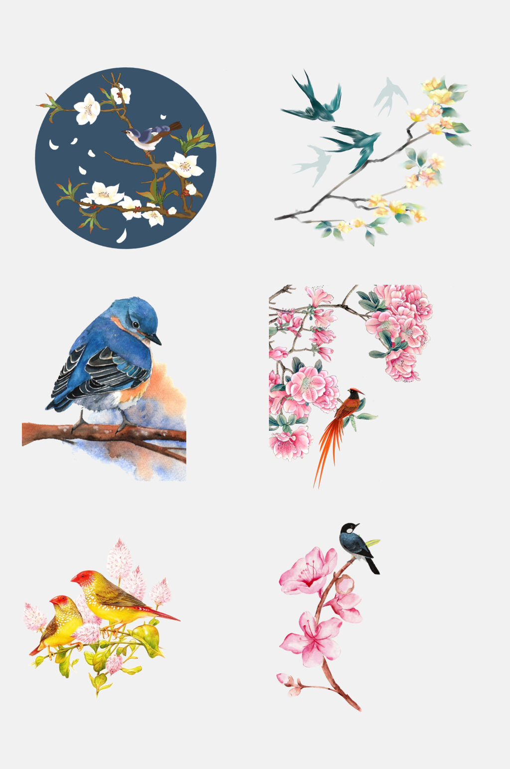 简约手绘工笔水墨花鸟装饰画元素素材素材
