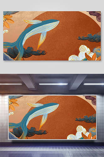 飞鲸太阳云国潮背景设计展板