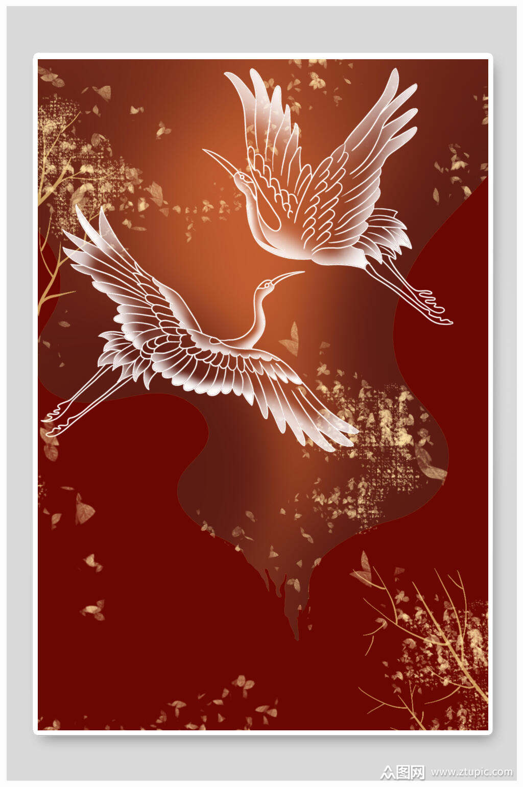 鹤红色背景树国潮背景设计