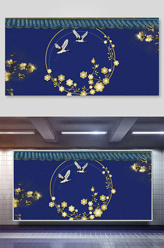 蓝色背景圆环鸟花国潮背景设计展板