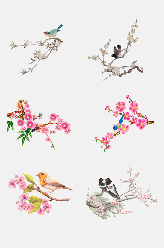 中国风时尚手绘工笔水墨花鸟装饰画元素素材