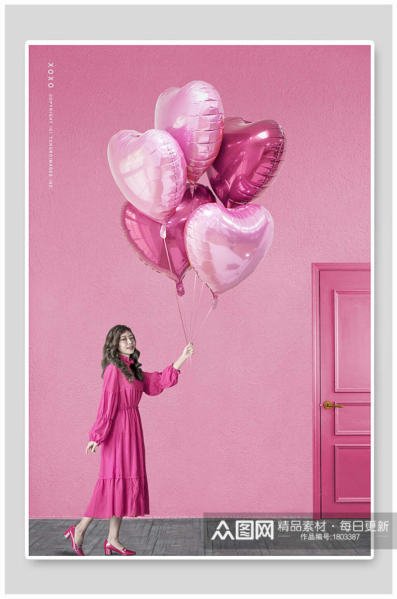 粉色背景女人气球情人节背景素材