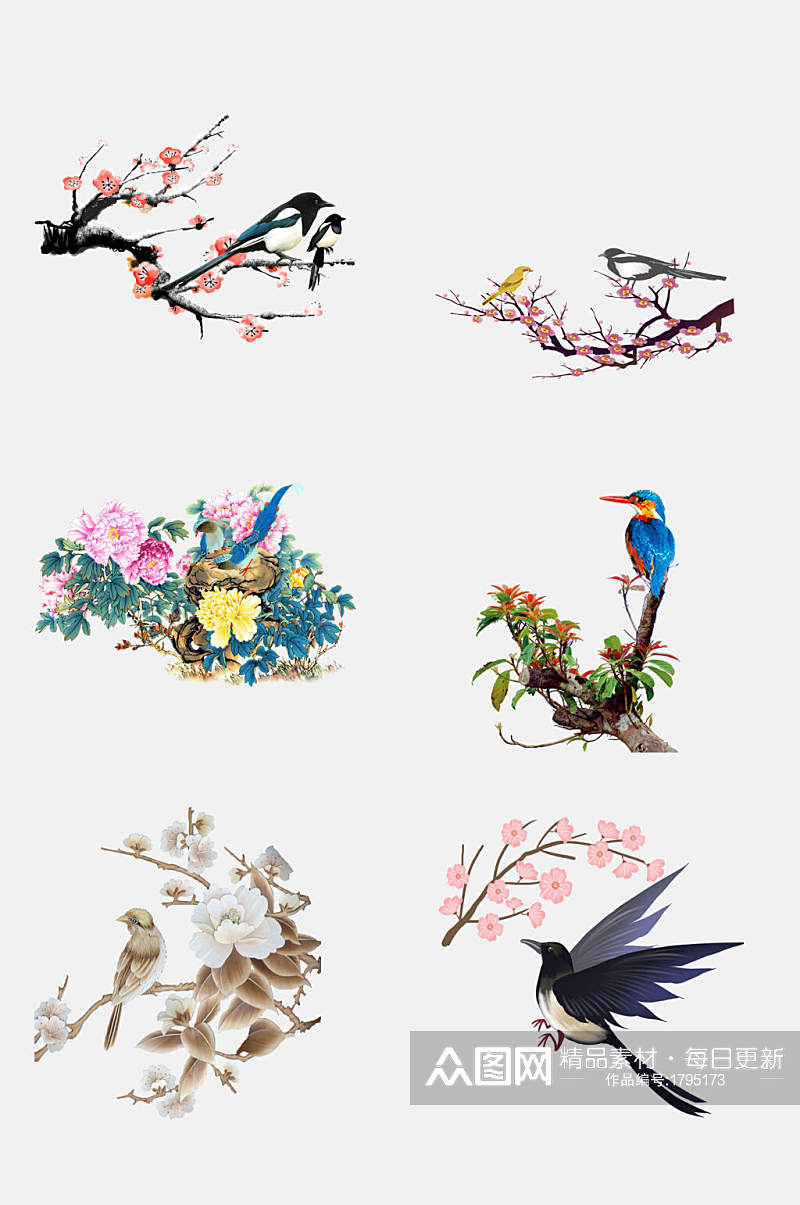 典雅手绘工笔水墨花鸟装饰画元素素材素材