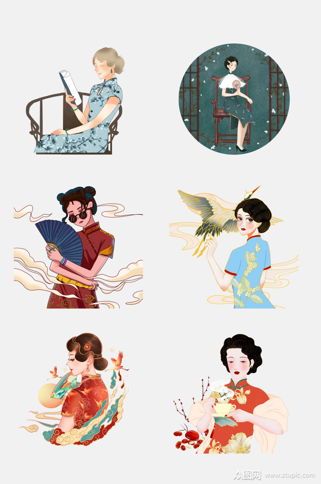 国潮风旗袍人物免抠素材元素素材素材