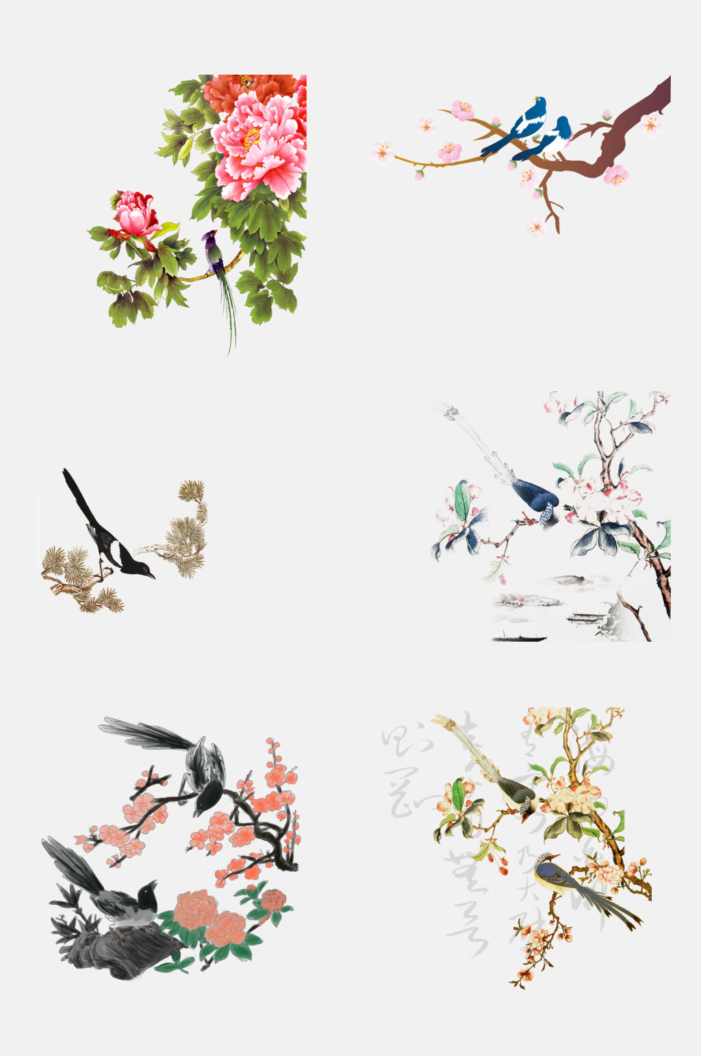 富贵花开手绘工笔水墨花鸟装饰画元素素材素材