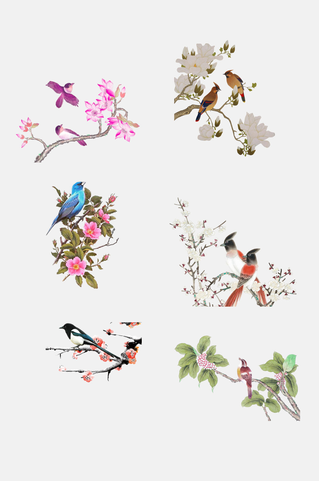 清新手绘工笔水墨花鸟装饰画元素素材素材