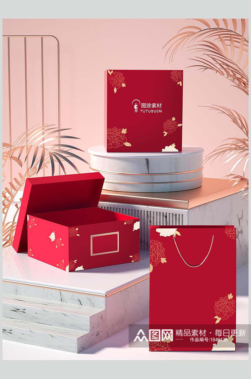 红色中式包装礼盒样机素材