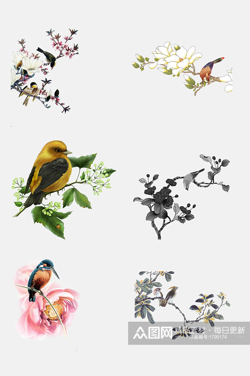中国风手绘工笔水墨花鸟装饰画元素素材素材