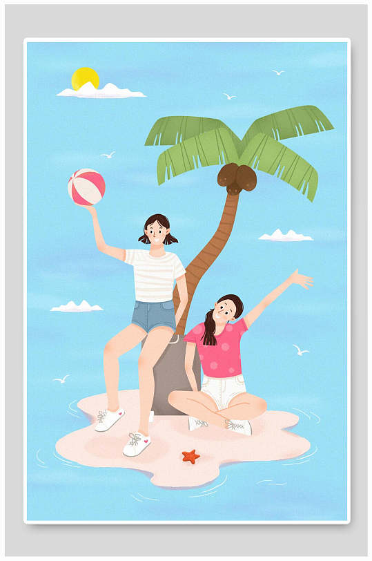 休闲玩海上排球度假劳动节插画