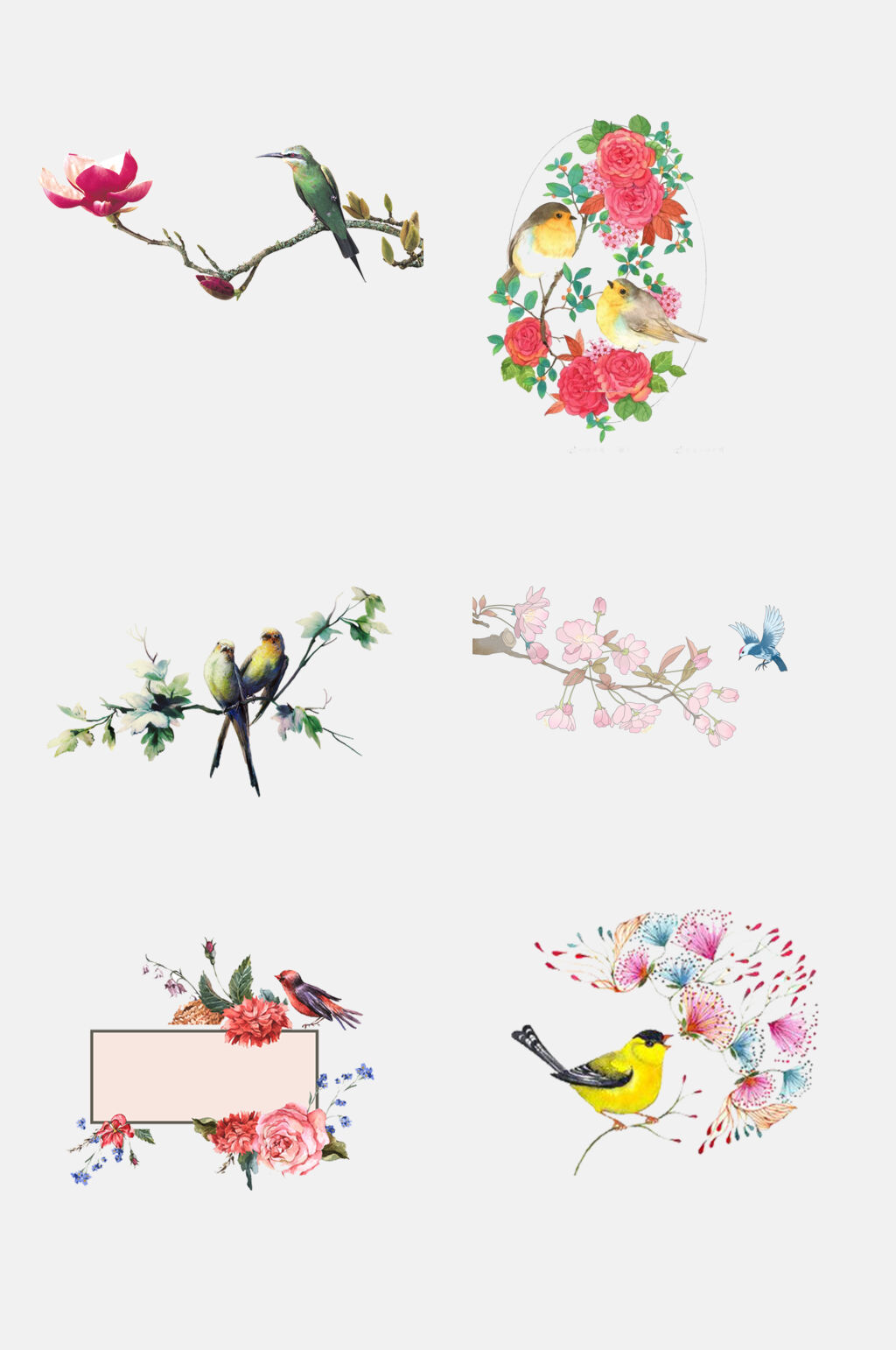 卡通可爱手绘工笔水墨花鸟装饰画元素素材素材