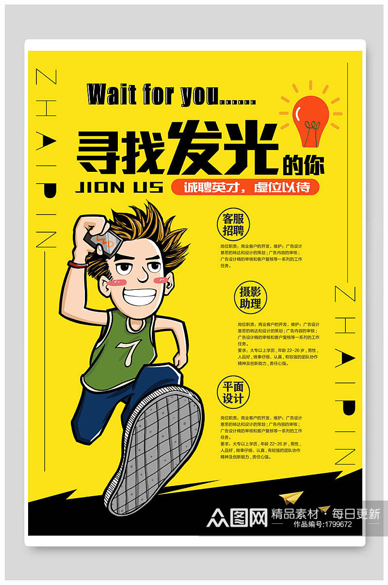 黄色背景卡通人物公司企业招人招聘海报素材