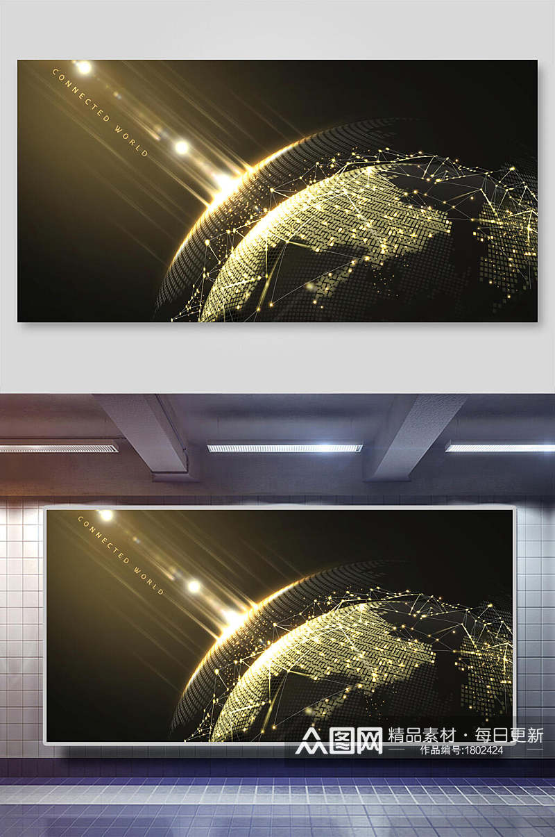 金色线条图形地球IT科技背景展板素材