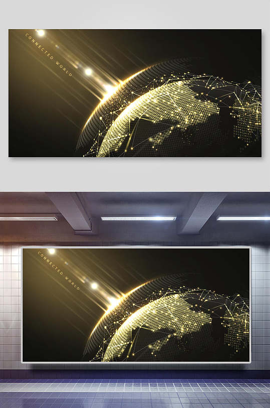 金色线条图形地球IT科技背景展板
