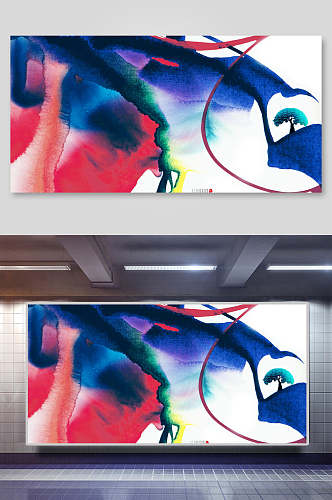 彩色中国风水墨山水背景素材展板