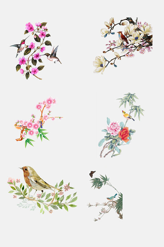 中国风手绘工笔水墨花鸟装饰画元素素材