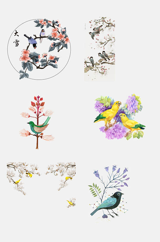 中国风时尚手绘工笔水墨花鸟装饰画元素素材